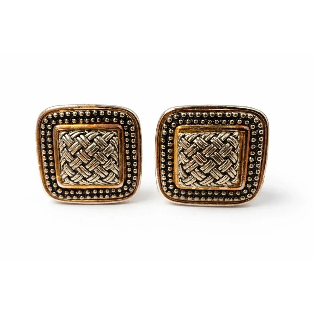 Vintage Gold Silver Basket Weave Clip On Earrings Mixed Metal Boho Quiet Luxury
